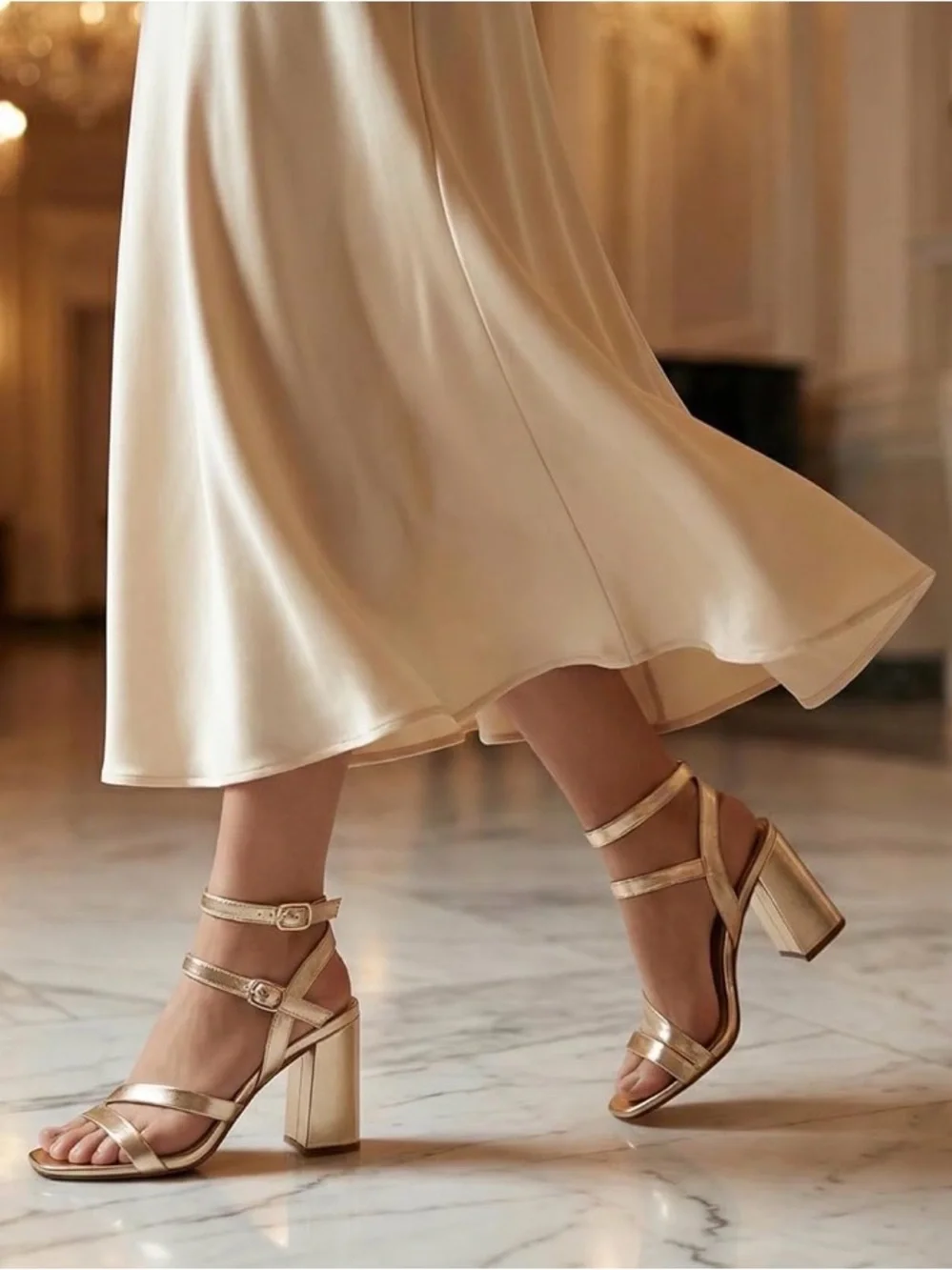 Gold Strappy Block Heel Sandals - Women - Picture 5 of 16